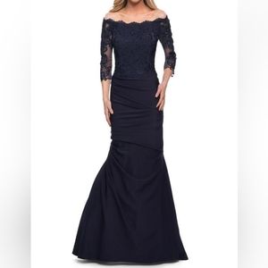 NWOT La Femme Sparkly Off The Shoulder 3/4 Illusion Lace Sleeve Mermaid Gown 2